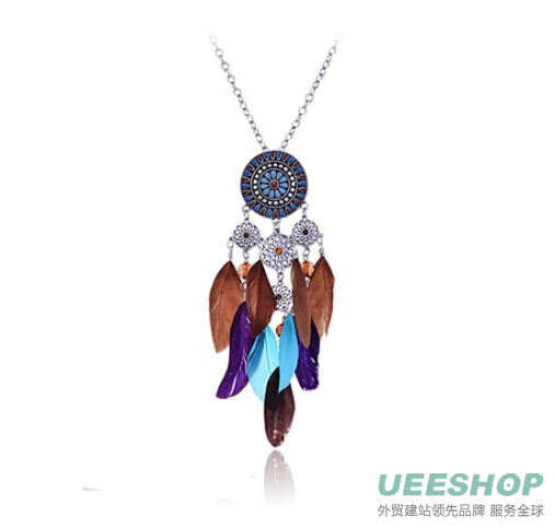 Lureme Native American Dream Catcher Colorful Feather Pendant Long Silver Necklace for Women 01000786-1