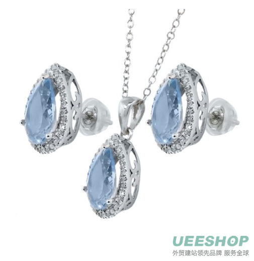 6.00 Ct 10X7mm Created Aquamarine Pear Shape Pendant Earrings Silver Set 18"