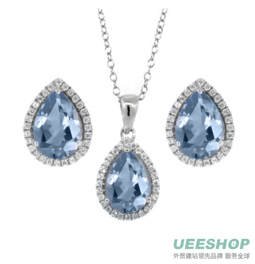 6.00 Ct 10X7mm Created Aquamarine Pear Shape Pendant Earrings Silver Set 18"