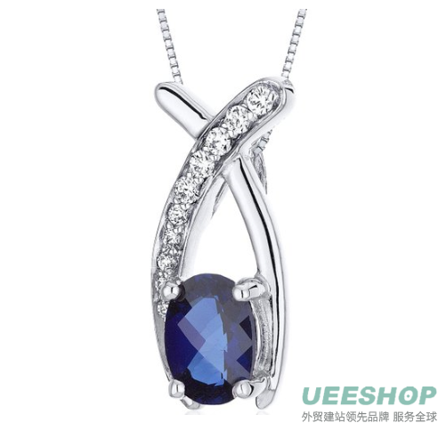 Created Sapphire Pendant Necklace Sterling Silver Rhodium Nickel Finish 1.00 Carats Checker Cut